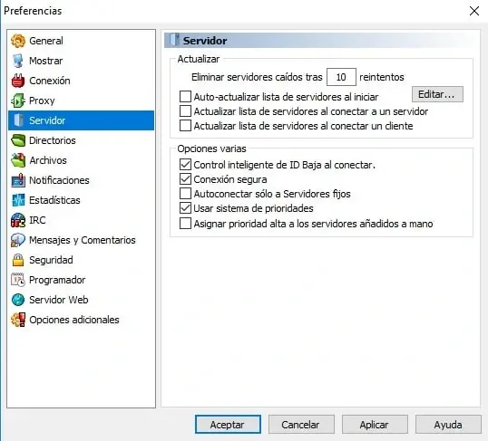 Preferencias del servidor eMule o aMule